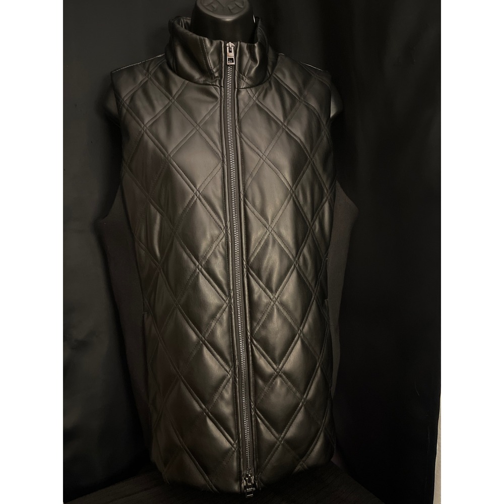 Chico's Quilted Faux Leather Vest Black Full Zip Stand Collar‎ Women'sMed